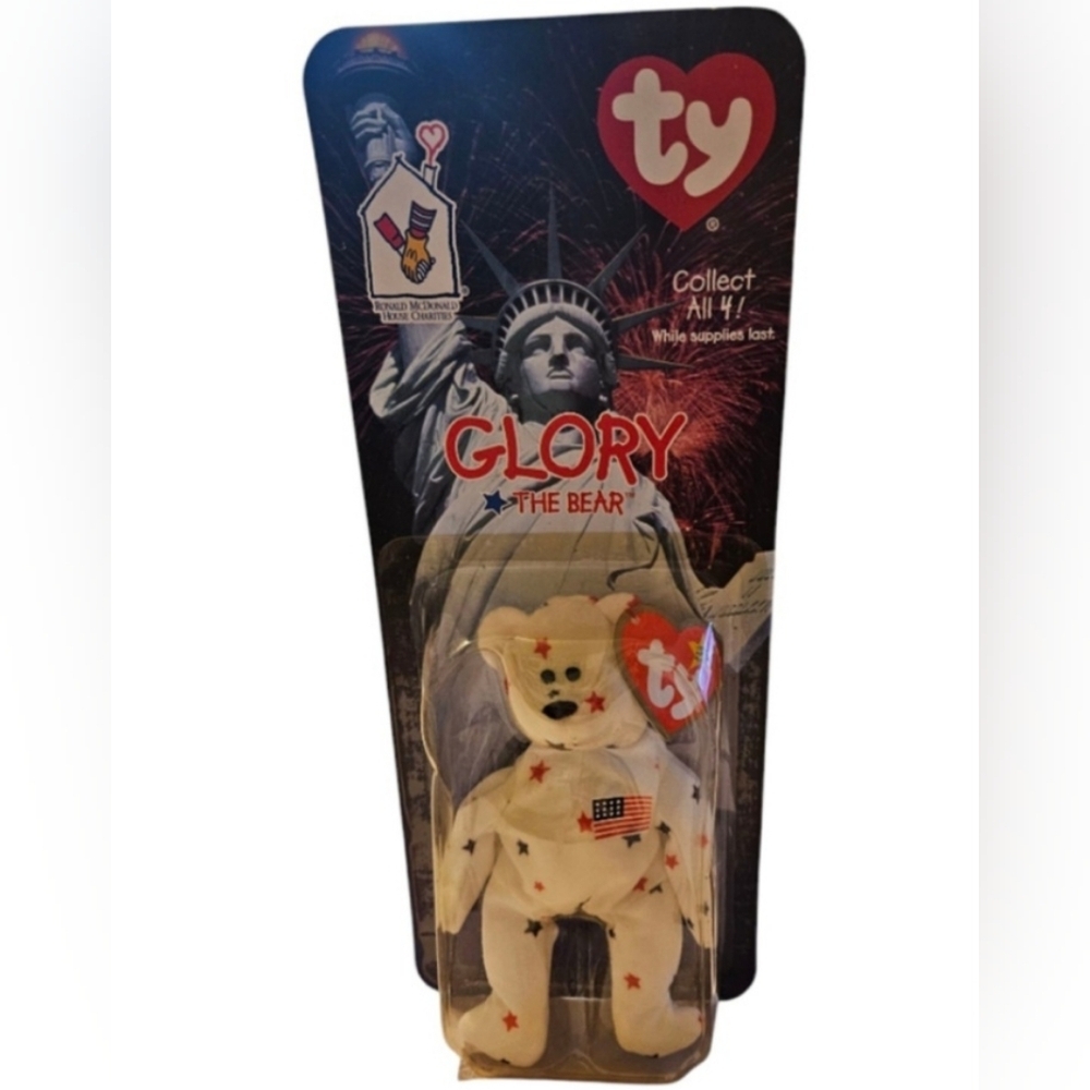 Vintage 1998 Ty Glory The Bear Beanie Baby - White with Red Stars Patriotic